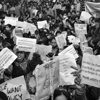 A large crowd holding signs in a black and white protest scene demanding equality and job security.